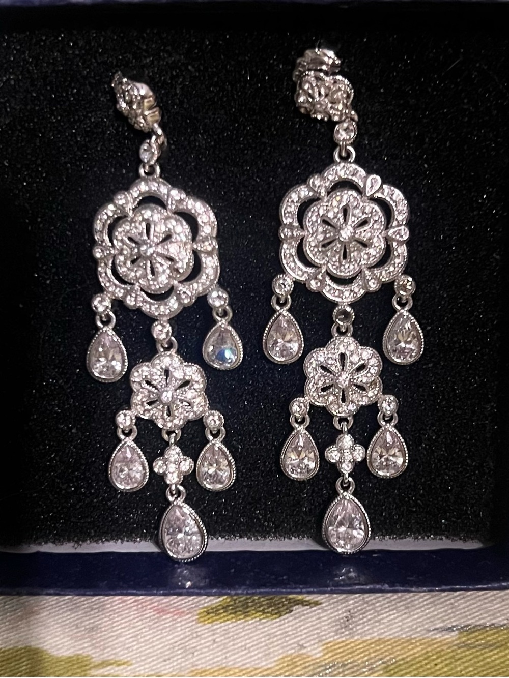 Unlisted Silver Floral Crystal Chandelier Earrings